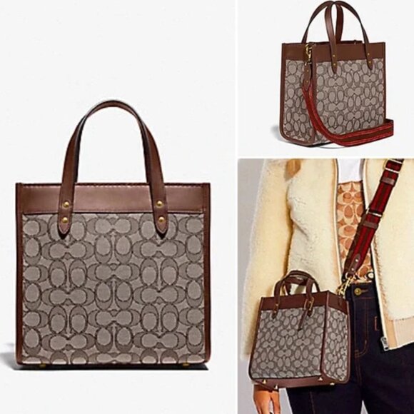 NWT Coach Tote Signature Jacquard Field 22 Handbag In Brown